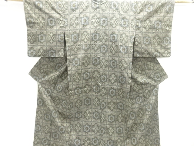 JAPANESE KIMONO / SILK / TOKAMACHI TSUMUGI / WOVEN GRID & FLORAL CREST